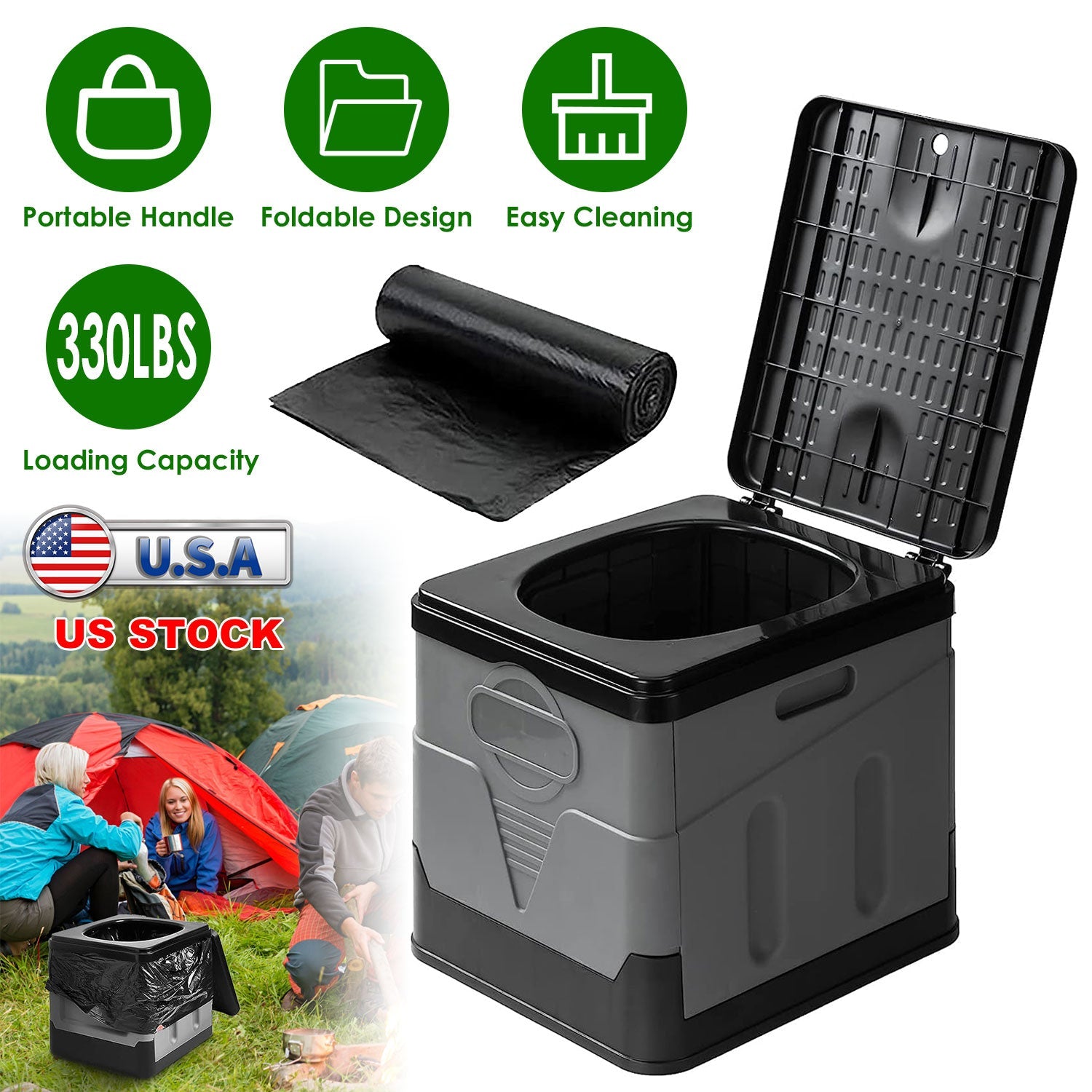 Portable Toilet for Camping- Boating- Hiking Outdoor- Travel Potty with Carry Bag Foldable Emergency Toilet with Lid Trash Bags