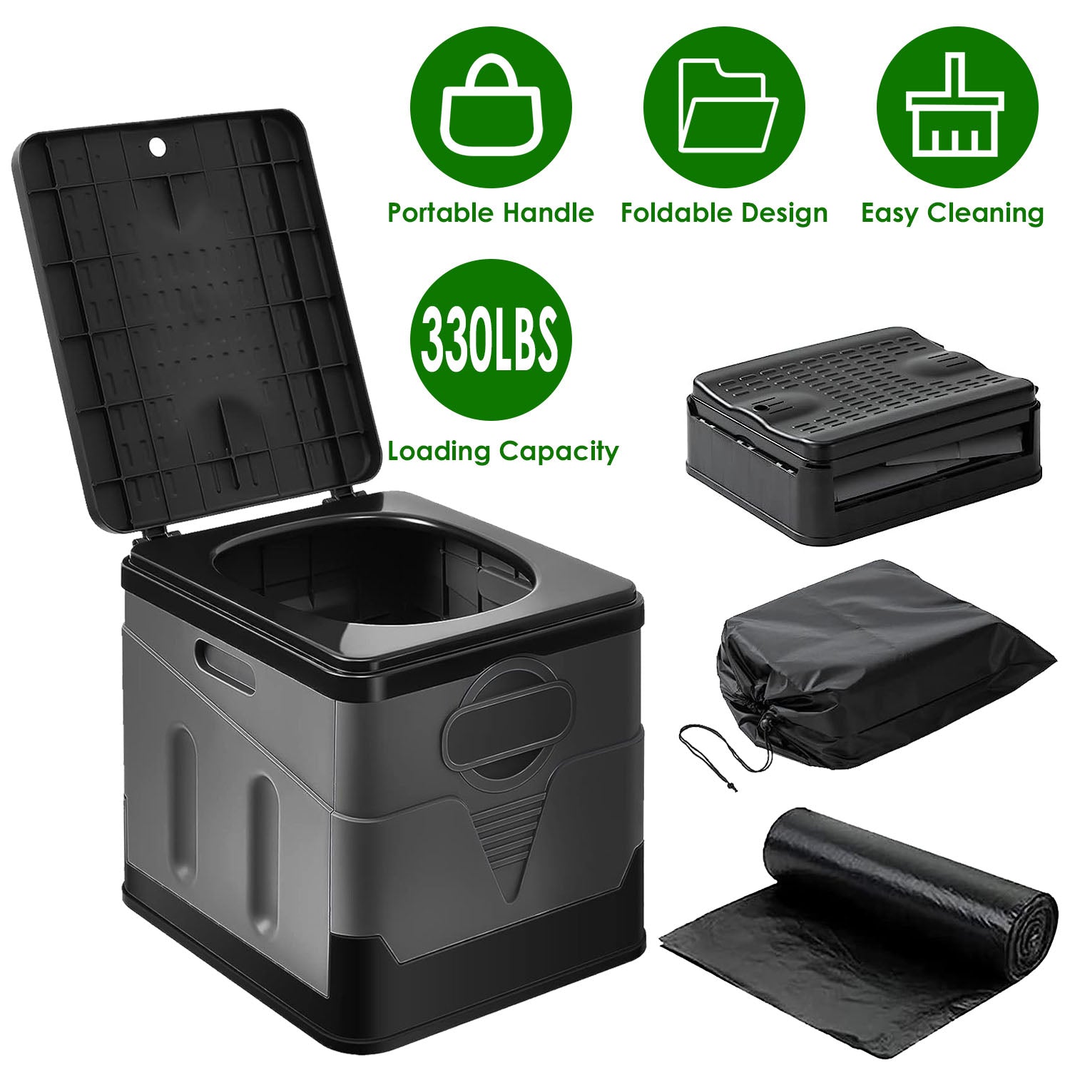 Portable Toilet for Camping- Boating- Hiking Outdoor- Travel Potty with Carry Bag Foldable Emergency Toilet with Lid Trash Bags